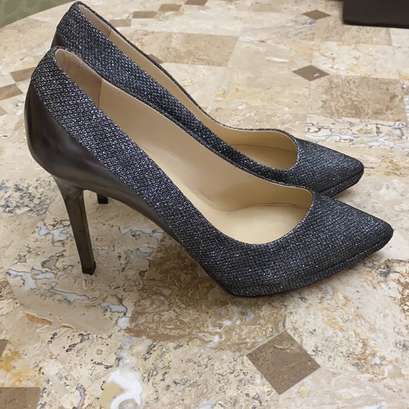 Jimmy Choo, 4” heel, fabric metallic with pewter leather & heel. Size 38… - Picture 3 of 4